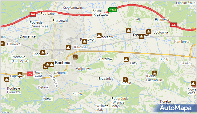 mapa Gorzków gmina Bochnia, Gorzków gmina Bochnia na mapie Targeo