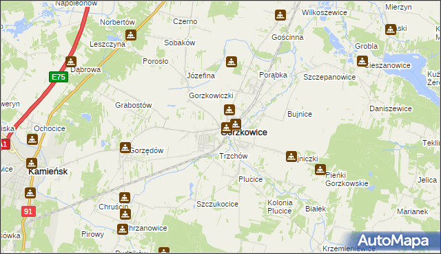 mapa Gorzkowice, Gorzkowice na mapie Targeo