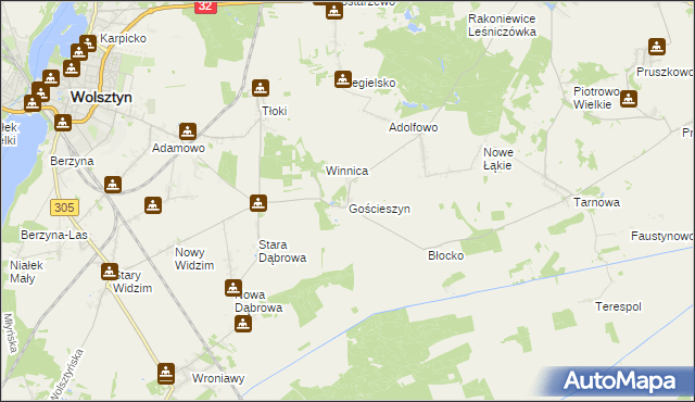 mapa Gościeszyn gmina Wolsztyn, Gościeszyn gmina Wolsztyn na mapie Targeo