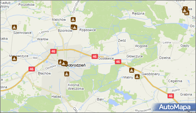 mapa Gosławice gmina Dobrodzień, Gosławice gmina Dobrodzień na mapie Targeo