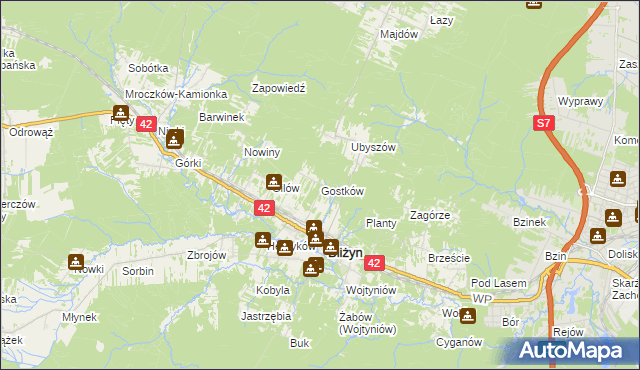 mapa Gostków gmina Bliżyn, Gostków gmina Bliżyn na mapie Targeo