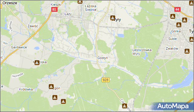 mapa Gostyń gmina Wyry, Gostyń gmina Wyry na mapie Targeo
