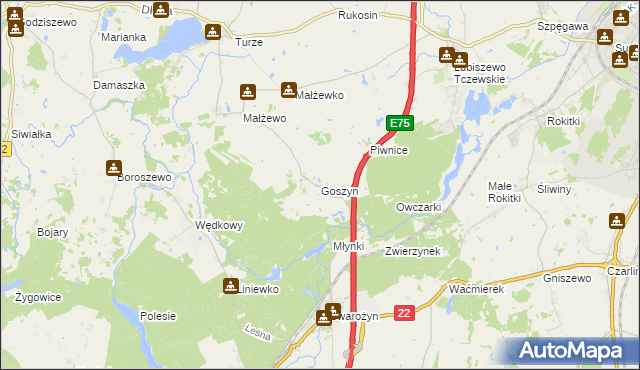 mapa Goszyn gmina Tczew, Goszyn gmina Tczew na mapie Targeo