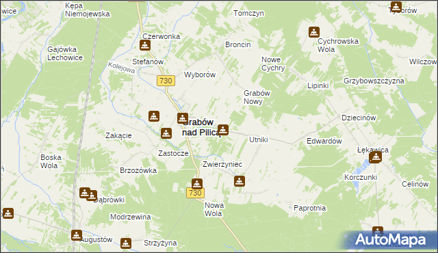 mapa Grabina gmina Grabów nad Pilicą, Grabina gmina Grabów nad Pilicą na mapie Targeo