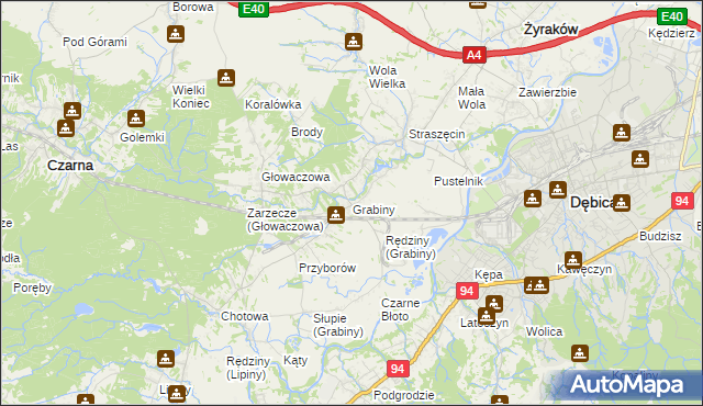 mapa Grabiny gmina Czarna, Grabiny gmina Czarna na mapie Targeo