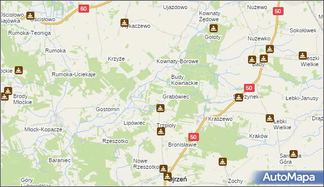 mapa Grabówiec gmina Ojrzeń, Grabówiec gmina Ojrzeń na mapie Targeo