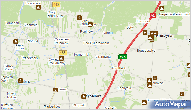 mapa Grabówka gmina Mykanów, Grabówka gmina Mykanów na mapie Targeo