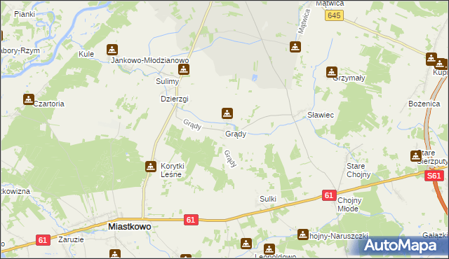 mapa Grądy gmina Nowogród, Grądy gmina Nowogród na mapie Targeo