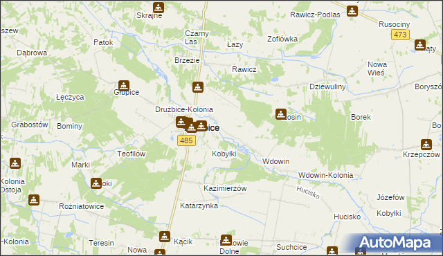 mapa Gręboszów gmina Drużbice, Gręboszów gmina Drużbice na mapie Targeo