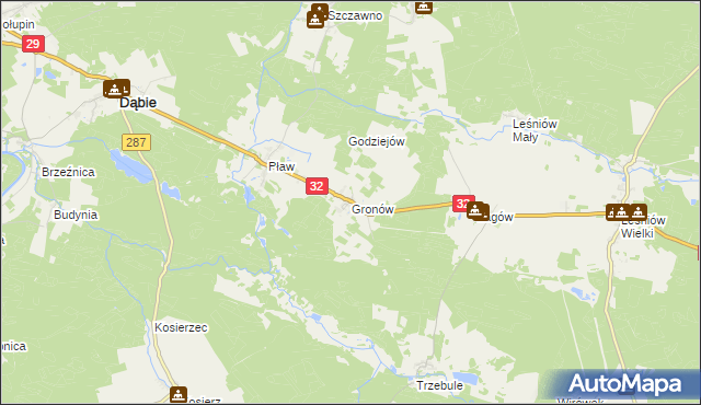 mapa Gronów gmina Dąbie, Gronów gmina Dąbie na mapie Targeo