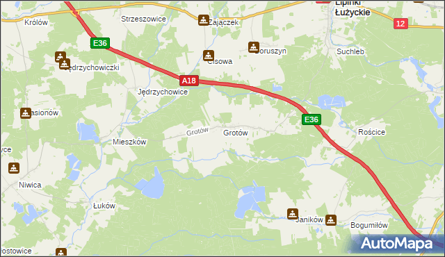 mapa Grotów gmina Lipinki Łużyckie, Grotów gmina Lipinki Łużyckie na mapie Targeo