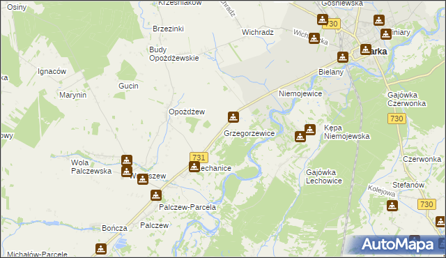 mapa Grzegorzewice gmina Warka, Grzegorzewice gmina Warka na mapie Targeo