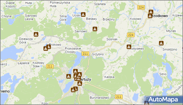 mapa Grzybno gmina Kartuzy, Grzybno gmina Kartuzy na mapie Targeo
