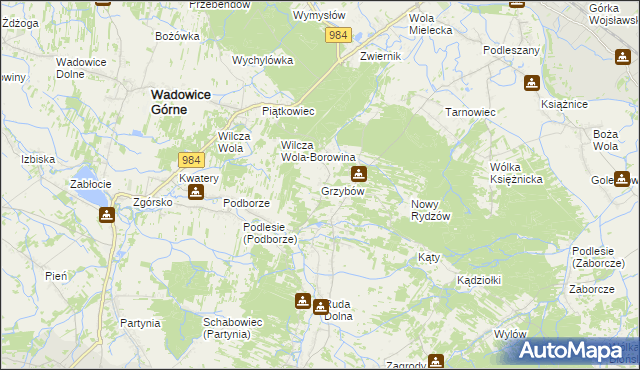 mapa Grzybów gmina Wadowice Górne, Grzybów gmina Wadowice Górne na mapie Targeo