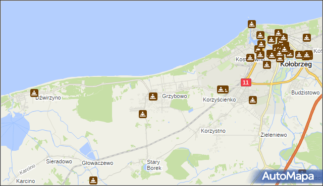 mapa Grzybowo gmina Kołobrzeg, Grzybowo gmina Kołobrzeg na mapie Targeo