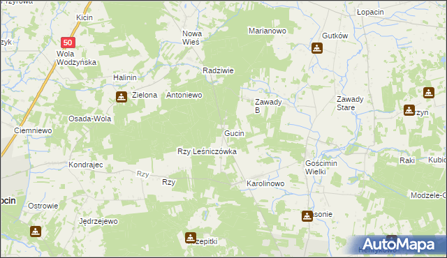 mapa Gucin gmina Nowe Miasto, Gucin gmina Nowe Miasto na mapie Targeo