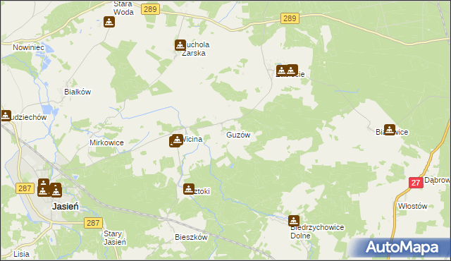 mapa Guzów gmina Jasień, Guzów gmina Jasień na mapie Targeo