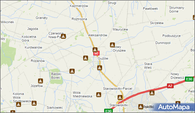 mapa Guzów gmina Wiskitki, Guzów gmina Wiskitki na mapie Targeo