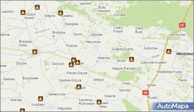 mapa Helenów gmina Młodzieszyn, Helenów gmina Młodzieszyn na mapie Targeo