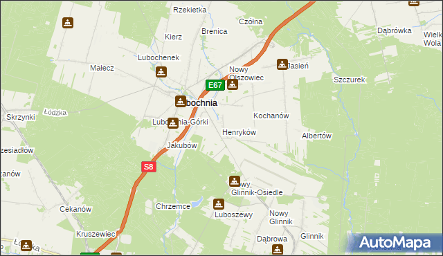 mapa Henryków gmina Lubochnia, Henryków gmina Lubochnia na mapie Targeo