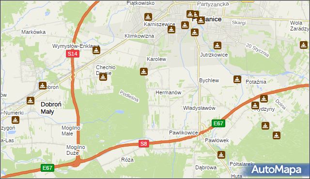 mapa Hermanów gmina Pabianice, Hermanów gmina Pabianice na mapie Targeo
