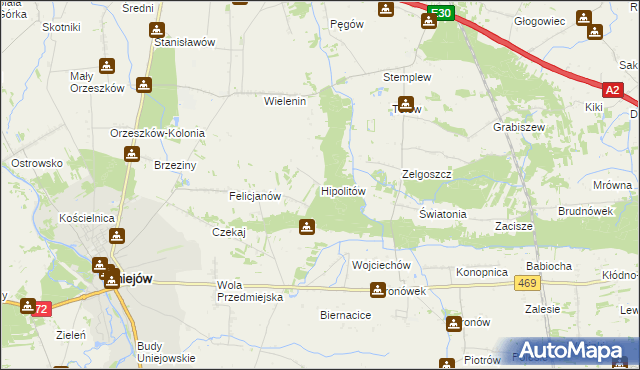 mapa Hipolitów gmina Uniejów, Hipolitów gmina Uniejów na mapie Targeo