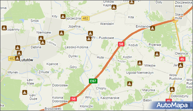 mapa Huta gmina Lututów, Huta gmina Lututów na mapie Targeo