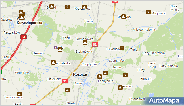 mapa Ignaców gmina Rozprza, Ignaców gmina Rozprza na mapie Targeo