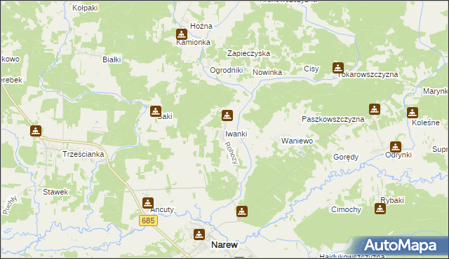 mapa Iwanki gmina Narew, Iwanki gmina Narew na mapie Targeo