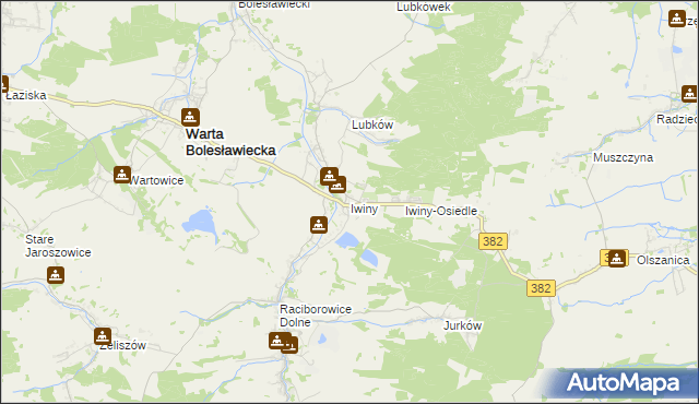 mapa Iwiny gmina Warta Bolesławiecka, Iwiny gmina Warta Bolesławiecka na mapie Targeo