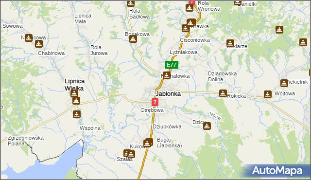 mapa Jabłonka powiat nowotarski, Jabłonka powiat nowotarski na mapie Targeo