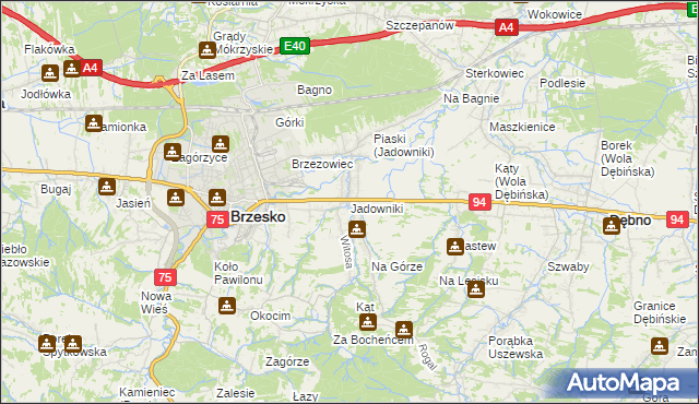 mapa Jadowniki gmina Brzesko, Jadowniki gmina Brzesko na mapie Targeo