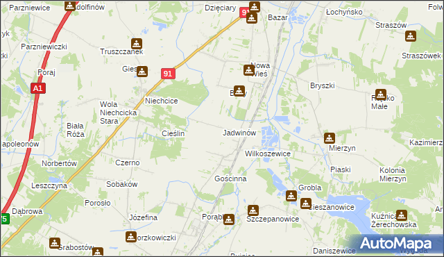 mapa Jadwinów gmina Gorzkowice, Jadwinów gmina Gorzkowice na mapie Targeo