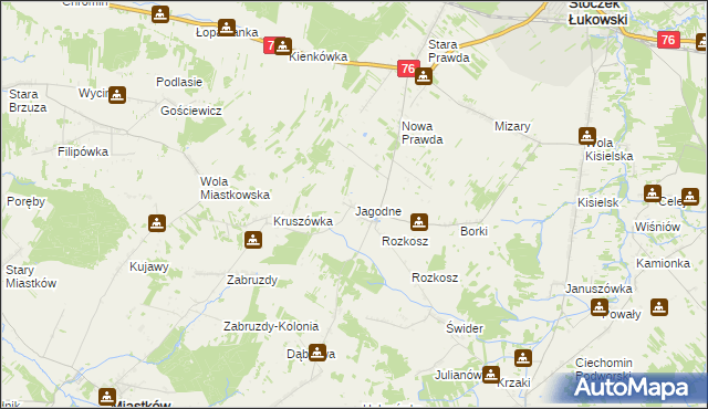 mapa Jagodne gmina Stoczek Łukowski, Jagodne gmina Stoczek Łukowski na mapie Targeo
