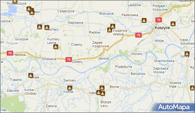 mapa Jaksice gmina Koszyce, Jaksice gmina Koszyce na mapie Targeo