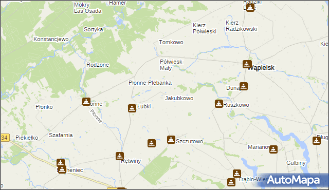 mapa Jakubkowo gmina Radomin, Jakubkowo gmina Radomin na mapie Targeo