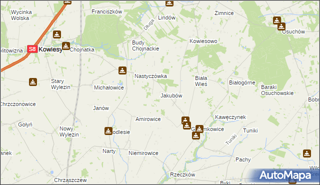 mapa Jakubów gmina Kowiesy, Jakubów gmina Kowiesy na mapie Targeo