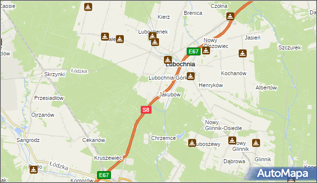 mapa Jakubów gmina Lubochnia, Jakubów gmina Lubochnia na mapie Targeo