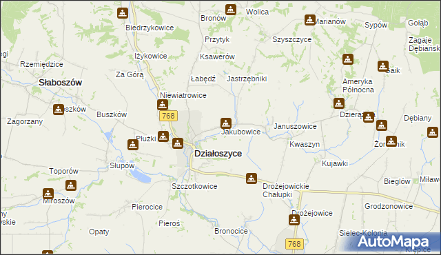 mapa Jakubowice gmina Działoszyce, Jakubowice gmina Działoszyce na mapie Targeo