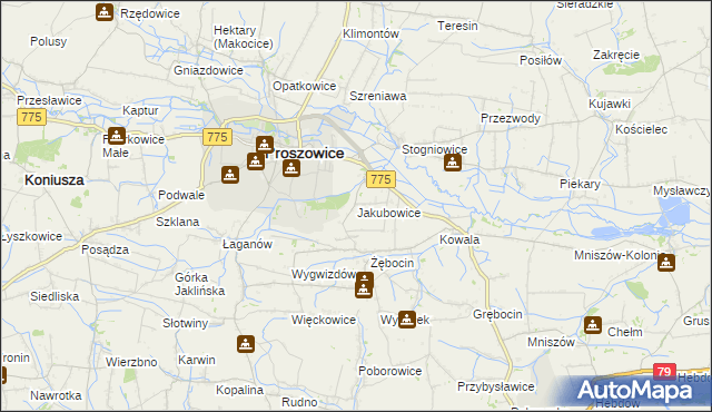 mapa Jakubowice gmina Proszowice, Jakubowice gmina Proszowice na mapie Targeo