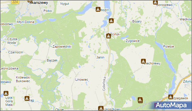 mapa Janin gmina Starogard Gdański, Janin gmina Starogard Gdański na mapie Targeo