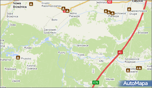 mapa Jankowice gmina Ładzice, Jankowice gmina Ładzice na mapie Targeo