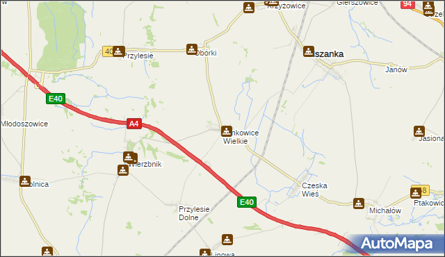 mapa Jankowice Wielkie, Jankowice Wielkie na mapie Targeo