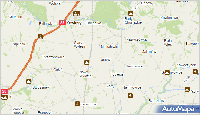 mapa Janów gmina Kowiesy, Janów gmina Kowiesy na mapie Targeo