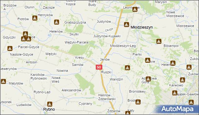 mapa Janów gmina Młodzieszyn, Janów gmina Młodzieszyn na mapie Targeo