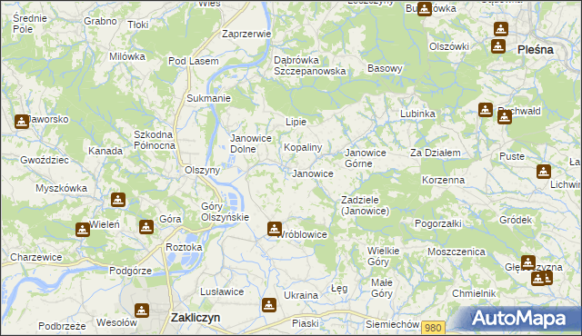 mapa Janowice gmina Pleśna, Janowice gmina Pleśna na mapie Targeo