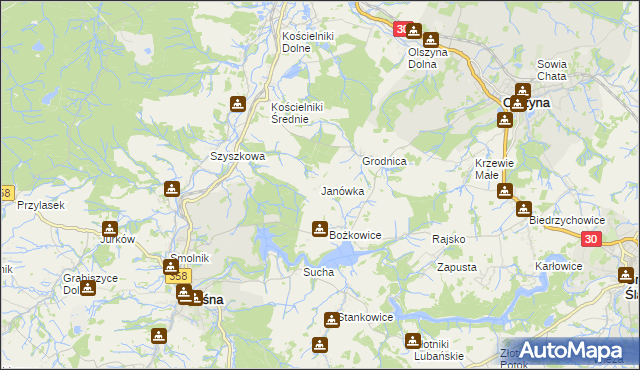 mapa Janówka gmina Leśna, Janówka gmina Leśna na mapie Targeo