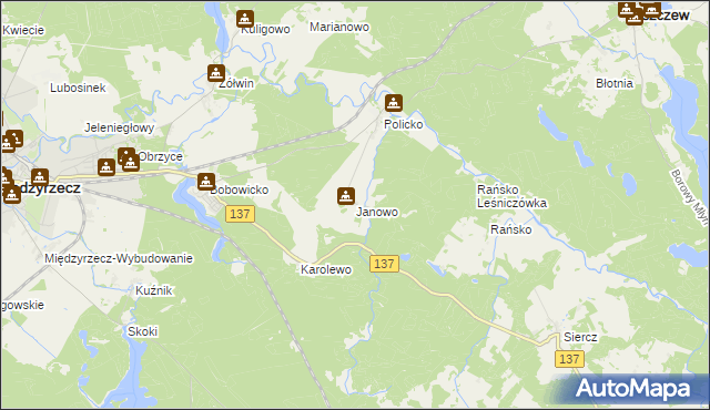 mapa Janowo gmina Pszczew, Janowo gmina Pszczew na mapie Targeo