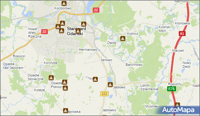 mapa Janowo gmina Starogard Gdański, Janowo gmina Starogard Gdański na mapie Targeo