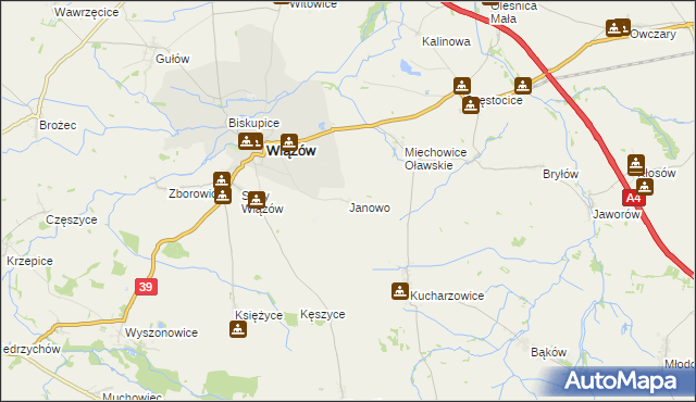 mapa Janowo gmina Wiązów, Janowo gmina Wiązów na mapie Targeo